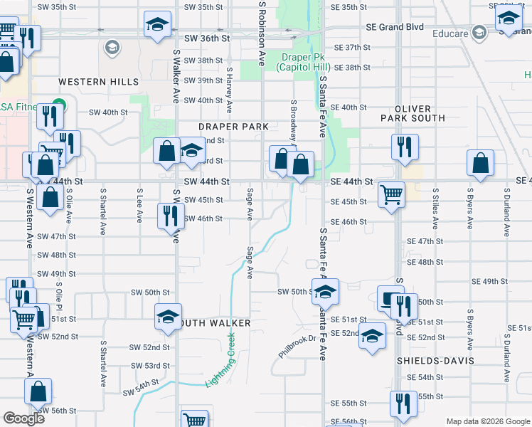 map of restaurants, bars, coffee shops, grocery stores, and more near 204 Southwest 45th Street in Oklahoma City