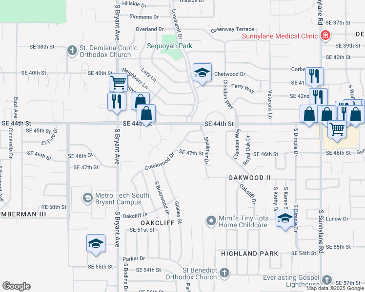 map of restaurants, bars, coffee shops, grocery stores, and more near 4704 Creekwood Drive in Oklahoma City