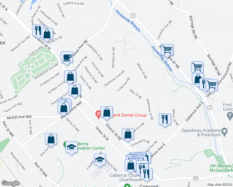 map of restaurants, bars, coffee shops, grocery stores, and more near 104 Long Avenue Northeast in Concord