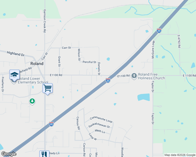 map of restaurants, bars, coffee shops, grocery stores, and more near 101 Granny Street in Roland