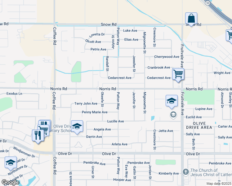 map of restaurants, bars, coffee shops, grocery stores, and more near 7309 Norris Road in Bakersfield