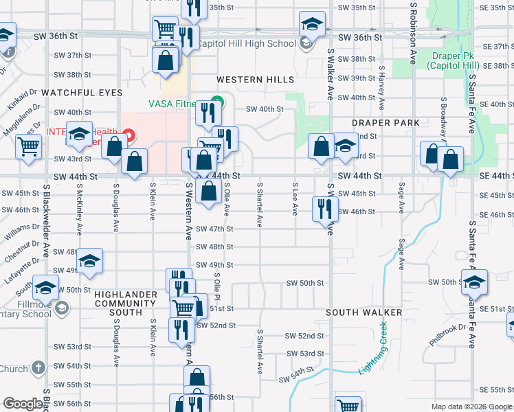 map of restaurants, bars, coffee shops, grocery stores, and more near 644 Southwest 45th Street in Oklahoma City