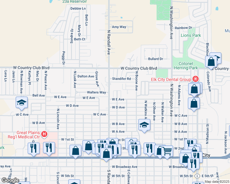map of restaurants, bars, coffee shops, grocery stores, and more near 1000 North Randall Avenue in Elk City