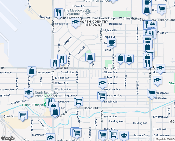 map of restaurants, bars, coffee shops, grocery stores, and more near 604 Norris Road in Bakersfield