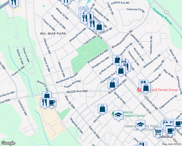 map of restaurants, bars, coffee shops, grocery stores, and more near 98 Freeze Avenue Northwest in Concord