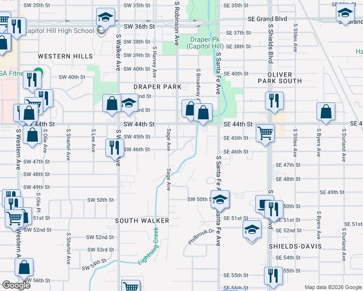 map of restaurants, bars, coffee shops, grocery stores, and more near 204 Southwest 45th Street in Oklahoma City
