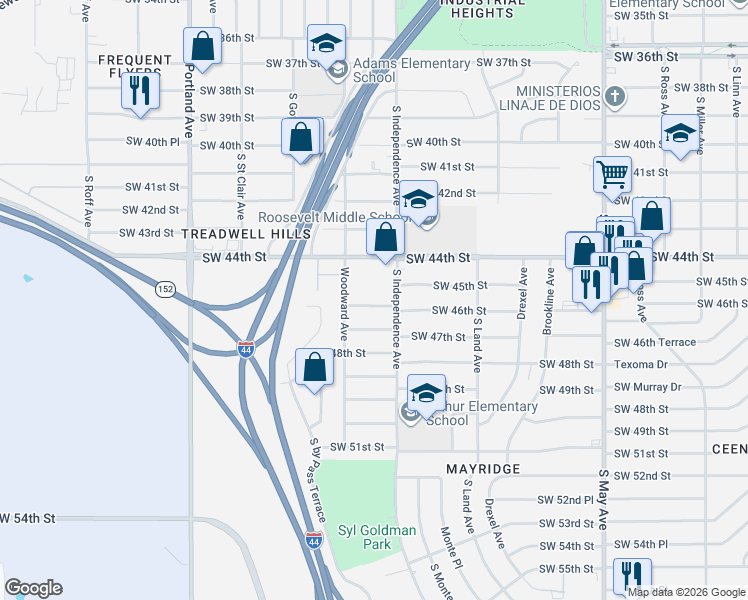 map of restaurants, bars, coffee shops, grocery stores, and more near 3309 Southwest 46th Street in Oklahoma City