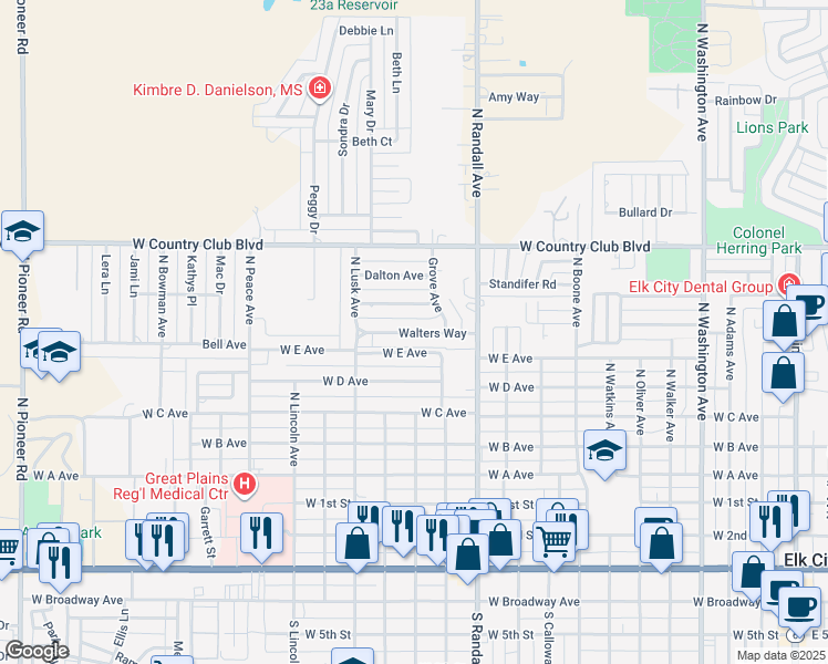 map of restaurants, bars, coffee shops, grocery stores, and more near 1303 Walters Way in Elk City