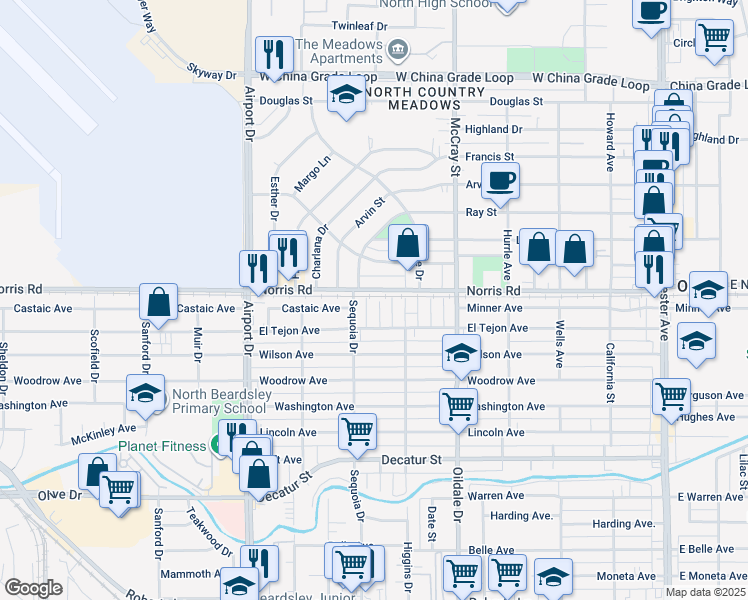 map of restaurants, bars, coffee shops, grocery stores, and more near 1403 Monache Drive in Bakersfield