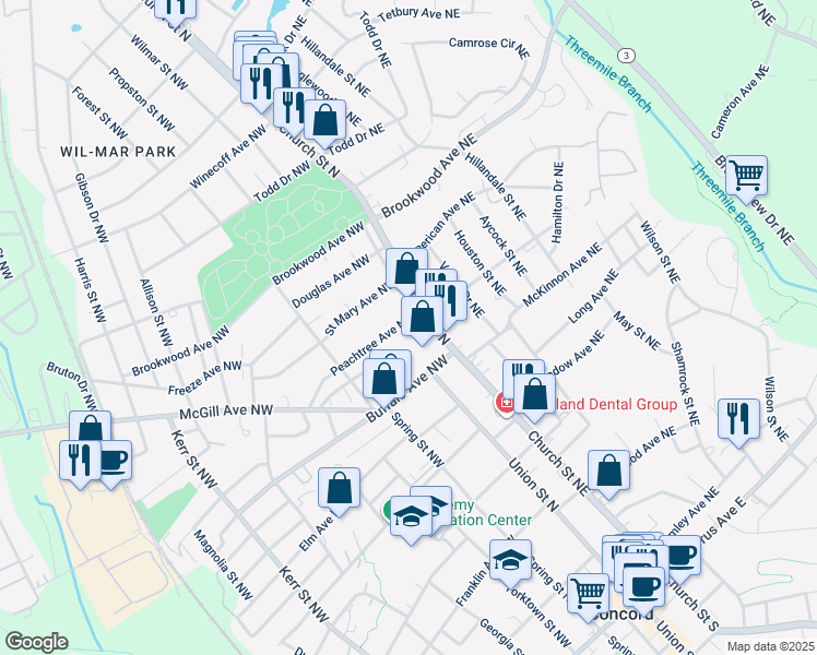 map of restaurants, bars, coffee shops, grocery stores, and more near 1 Buffalo Avenue Northwest in Concord