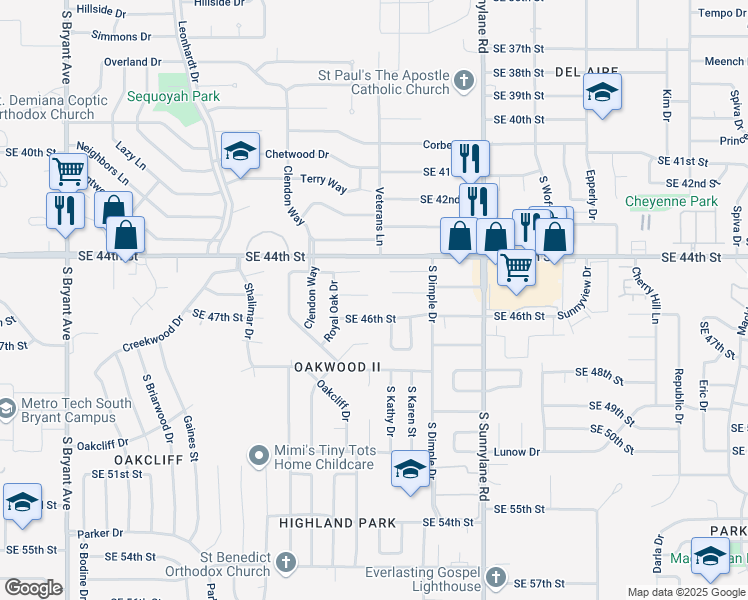 map of restaurants, bars, coffee shops, grocery stores, and more near 3916 Hiddleston Circle in Oklahoma City