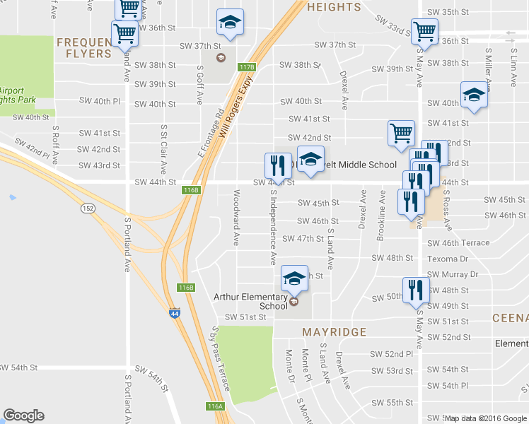 map of restaurants, bars, coffee shops, grocery stores, and more near 3309 Southwest 46th Street in Oklahoma City