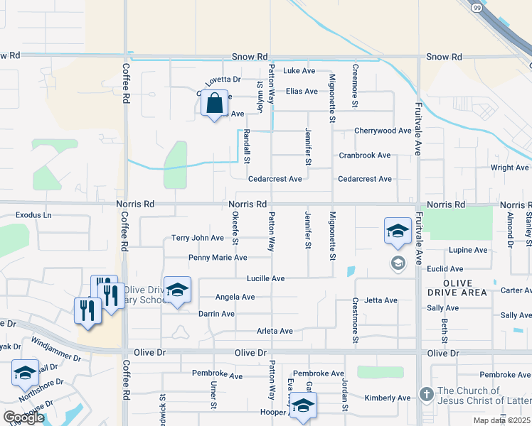 map of restaurants, bars, coffee shops, grocery stores, and more near 7309 Norris Road in Bakersfield