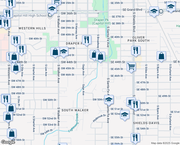 map of restaurants, bars, coffee shops, grocery stores, and more near 204 Southwest 45th Street in Oklahoma City