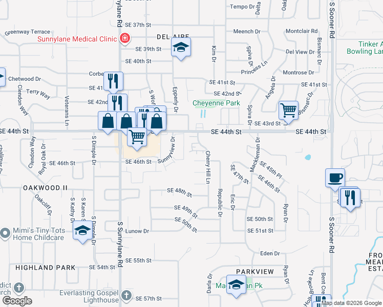 map of restaurants, bars, coffee shops, grocery stores, and more near 4730 Southeast 44th Street in Oklahoma City