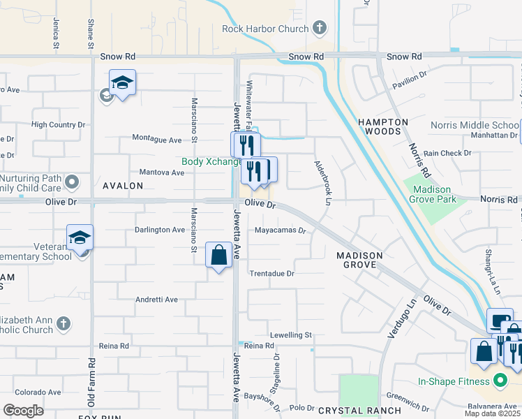 map of restaurants, bars, coffee shops, grocery stores, and more near 6523 Tulocay Court in Bakersfield