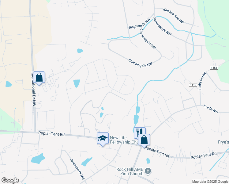 map of restaurants, bars, coffee shops, grocery stores, and more near 4253 Stream Dale Circle Northwest in Concord