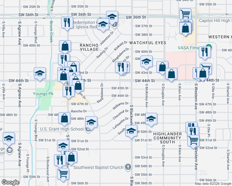 map of restaurants, bars, coffee shops, grocery stores, and more near 1424 Southwest 45th Street in Oklahoma City