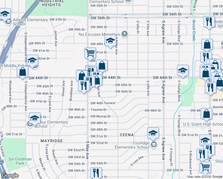 map of restaurants, bars, coffee shops, grocery stores, and more near 2701 Southwest 46th Street in Oklahoma City
