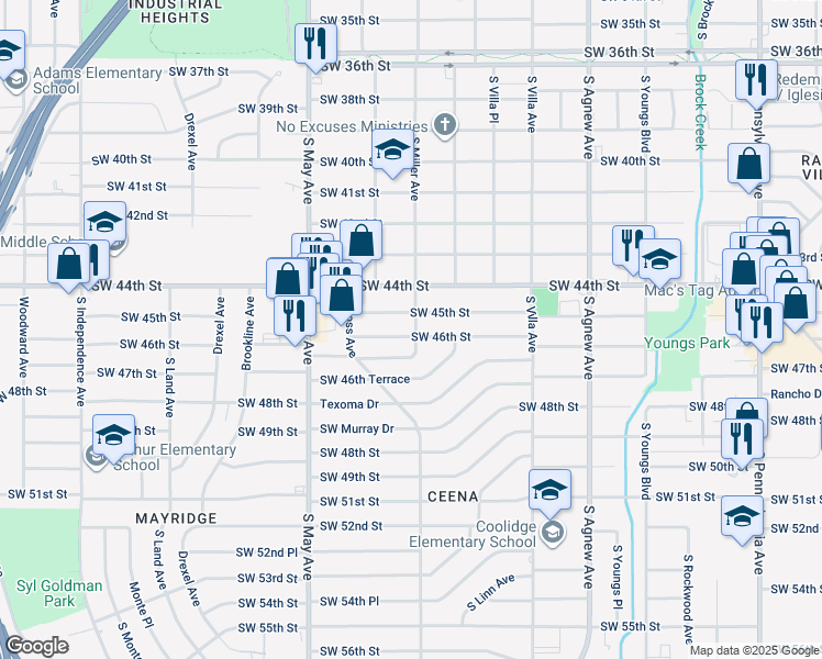 map of restaurants, bars, coffee shops, grocery stores, and more near 2701 Southwest 46th Street in Oklahoma City