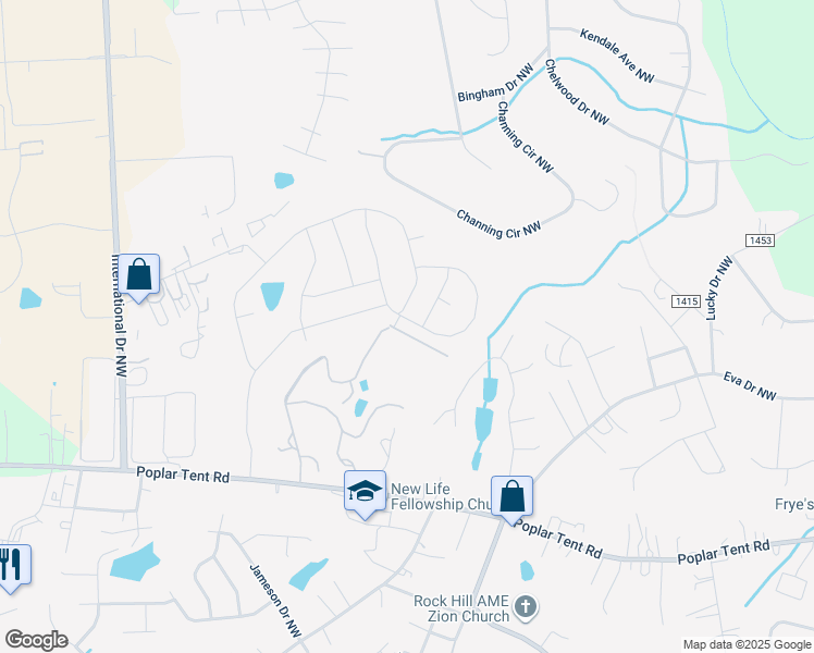 map of restaurants, bars, coffee shops, grocery stores, and more near 4253 Stream Dale Circle Northwest in Concord