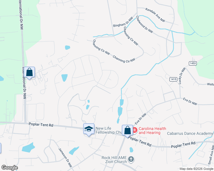 map of restaurants, bars, coffee shops, grocery stores, and more near 4234 Stream Dale Circle Northwest in Concord
