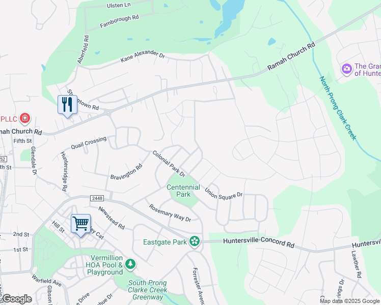 map of restaurants, bars, coffee shops, grocery stores, and more near 13531 Provincial Court in Huntersville