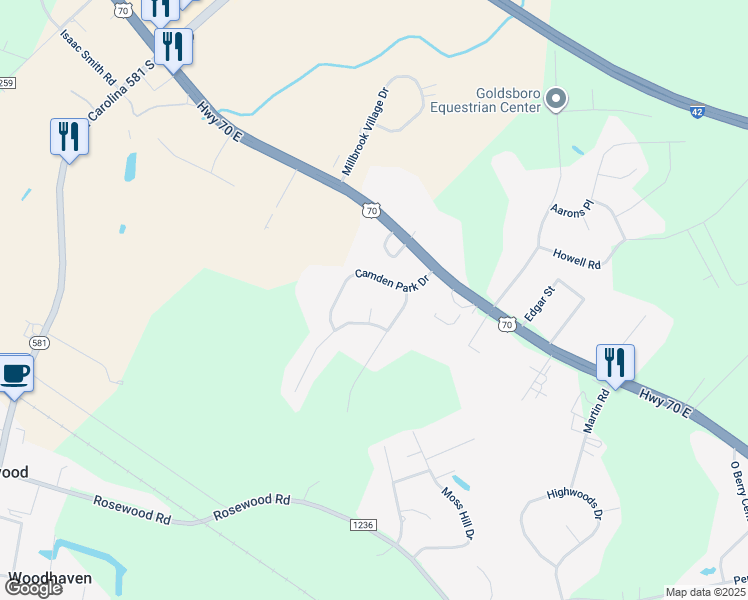 map of restaurants, bars, coffee shops, grocery stores, and more near 104 Camelot Court in Goldsboro