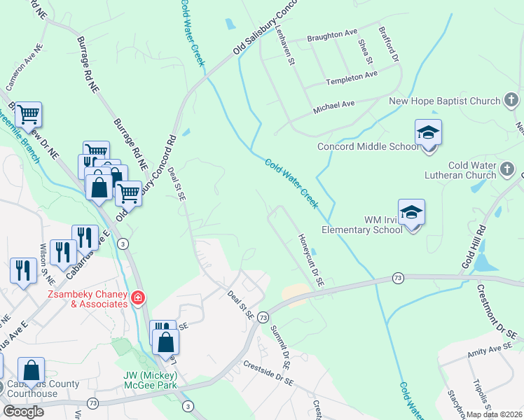 map of restaurants, bars, coffee shops, grocery stores, and more near 363 Honeycutt Drive Southeast in Concord