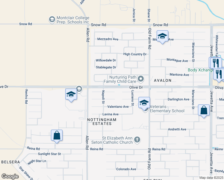 map of restaurants, bars, coffee shops, grocery stores, and more near 12518 Spoleto Avenue in Bakersfield