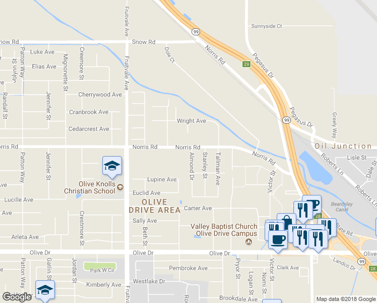 map of restaurants, bars, coffee shops, grocery stores, and more near 6531 Almond Drive in Bakersfield