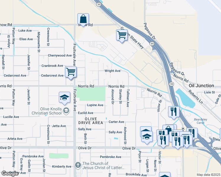 map of restaurants, bars, coffee shops, grocery stores, and more near 6531 Almond Drive in Bakersfield