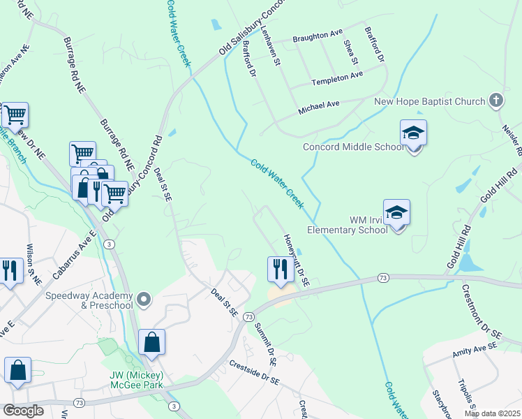 map of restaurants, bars, coffee shops, grocery stores, and more near 329 Honeycutt Drive Southeast in Concord