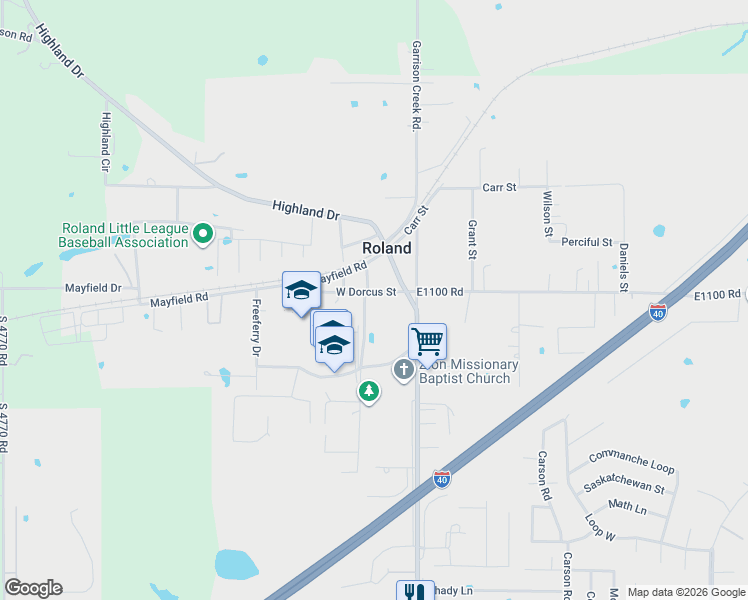 map of restaurants, bars, coffee shops, grocery stores, and more near 107 West Dorcus Street in Roland