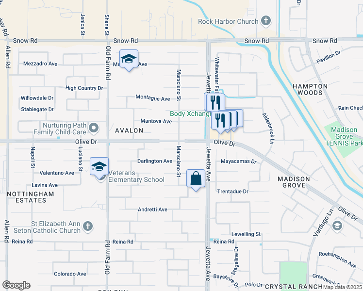 map of restaurants, bars, coffee shops, grocery stores, and more near 11412 Summit Point Ct in Bakersfield