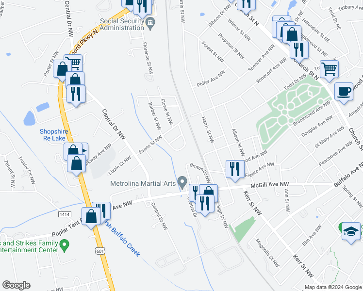 map of restaurants, bars, coffee shops, grocery stores, and more near 679 Magnolia Crossing Circle Northwest in Concord