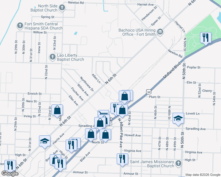 map of restaurants, bars, coffee shops, grocery stores, and more near 3904 Mary Street in Fort Smith