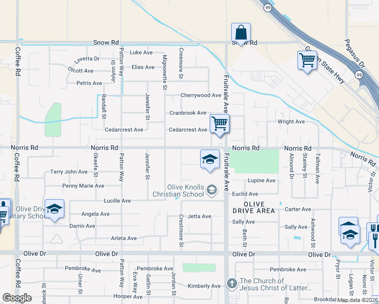 map of restaurants, bars, coffee shops, grocery stores, and more near 6713 Norris Road in Bakersfield