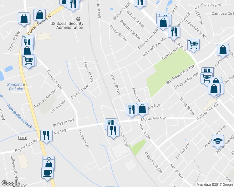 map of restaurants, bars, coffee shops, grocery stores, and more near 555 Harris Street Northwest in Concord