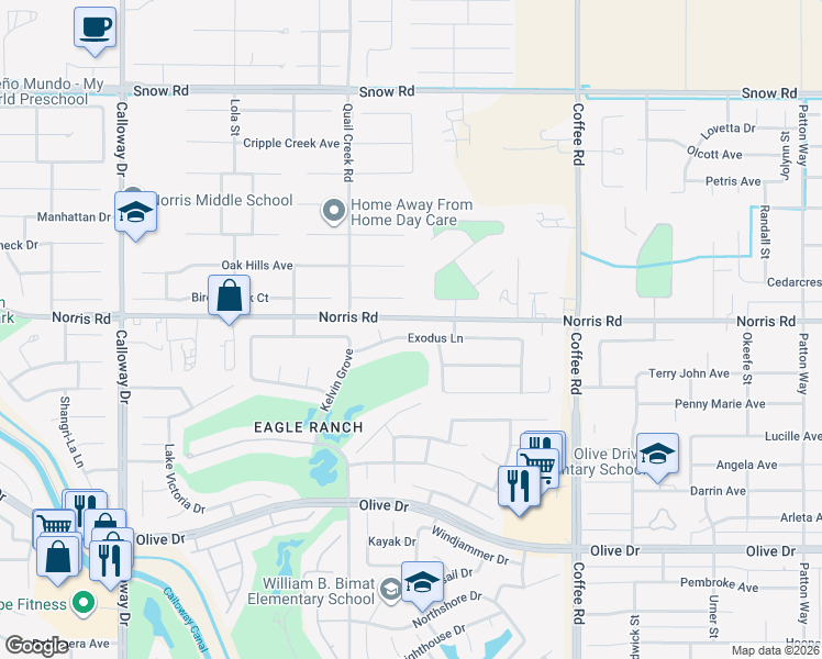 map of restaurants, bars, coffee shops, grocery stores, and more near 8610 Exodus Lane in Bakersfield