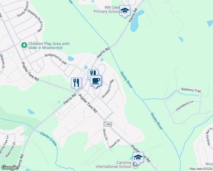map of restaurants, bars, coffee shops, grocery stores, and more near 9909 Violet Cannon Drive Northwest in Concord