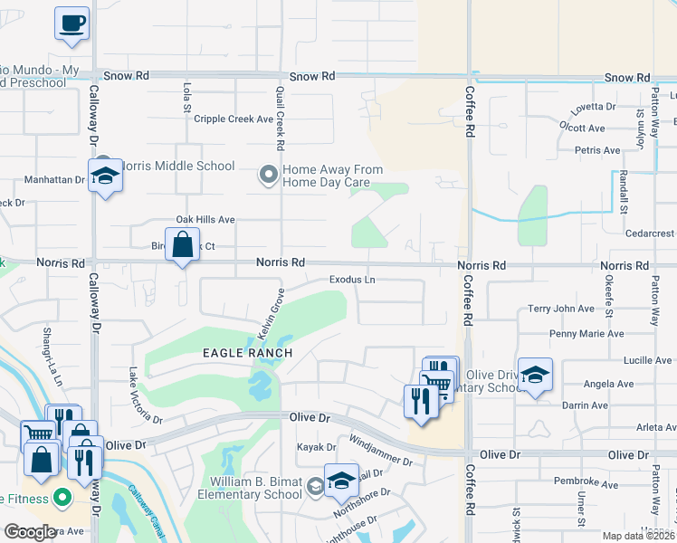 map of restaurants, bars, coffee shops, grocery stores, and more near 8610 Exodus Lane in Bakersfield
