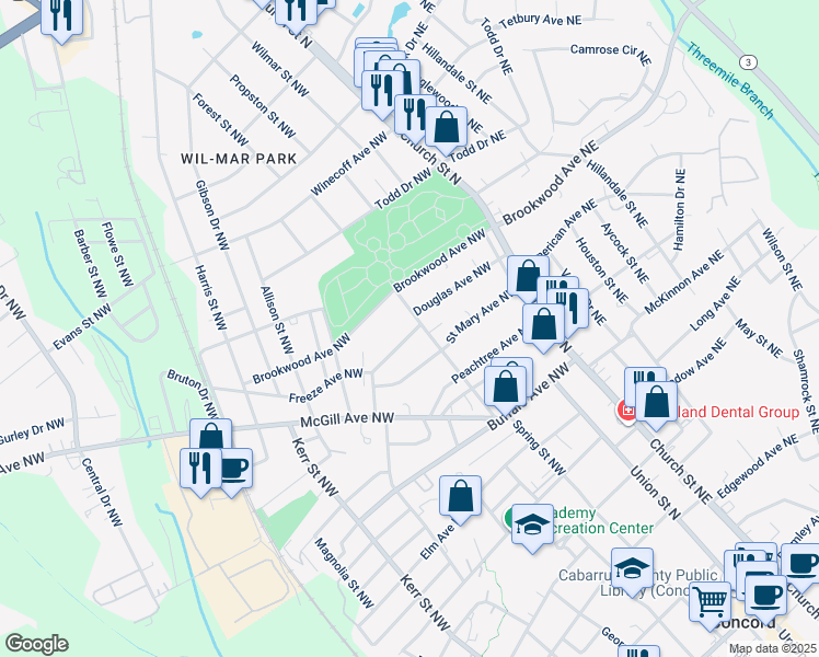 map of restaurants, bars, coffee shops, grocery stores, and more near 98 Freeze Avenue Northwest in Concord