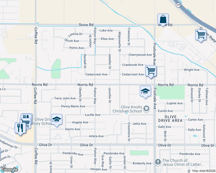 map of restaurants, bars, coffee shops, grocery stores, and more near 7001 Norris Road in Bakersfield