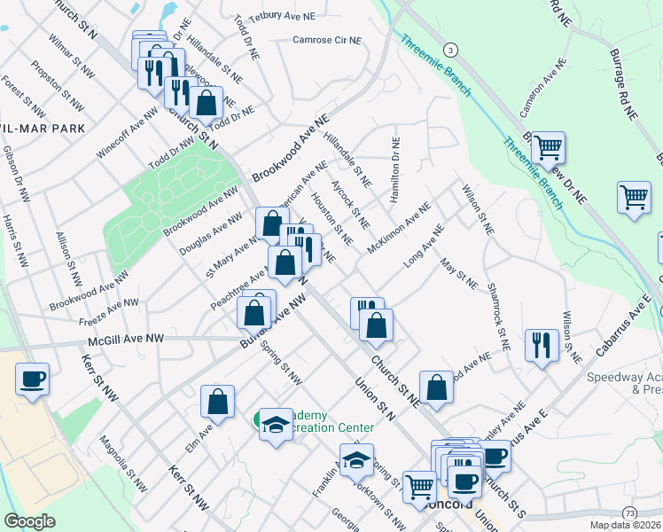 map of restaurants, bars, coffee shops, grocery stores, and more near 291 Vance Drive Northeast in Concord