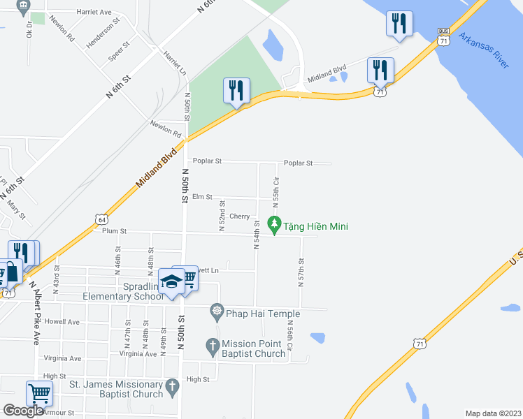 map of restaurants, bars, coffee shops, grocery stores, and more near 4208 North 54th Street in Fort Smith