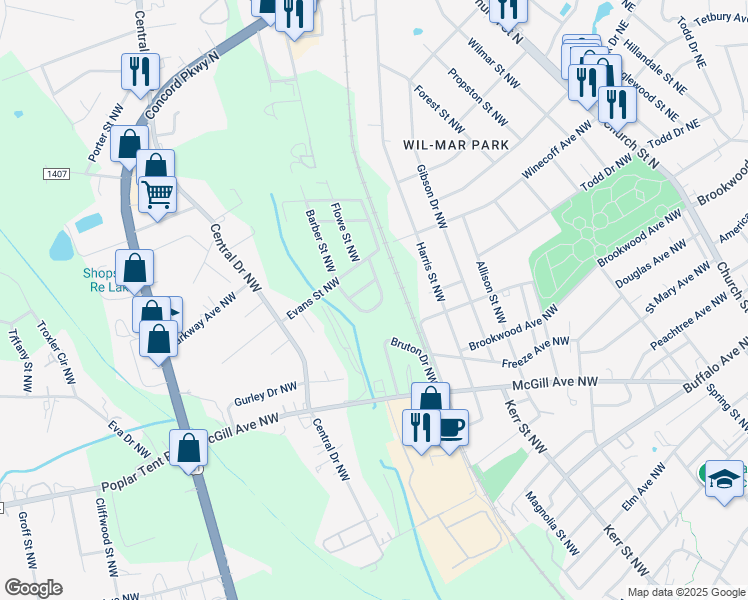 map of restaurants, bars, coffee shops, grocery stores, and more near 679 Magnolia Crossing Circle Northwest in Concord