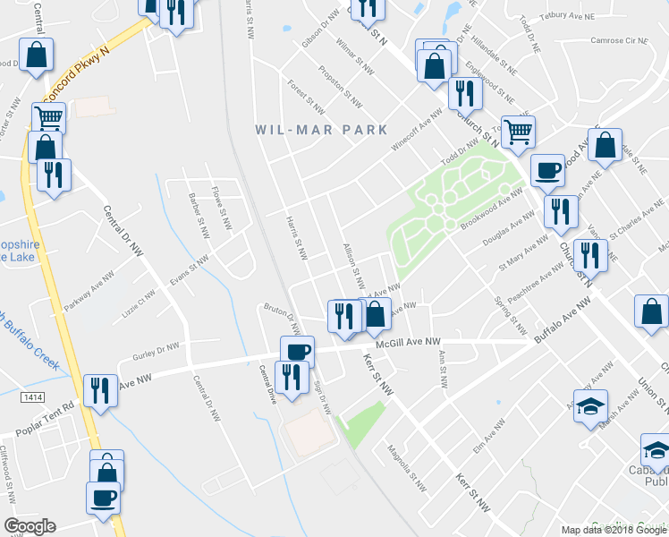 map of restaurants, bars, coffee shops, grocery stores, and more near 534 Gibson Drive Northwest in Concord