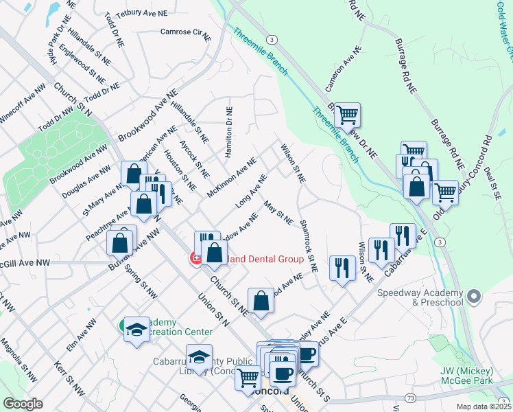 map of restaurants, bars, coffee shops, grocery stores, and more near 141 Meadow Avenue Northeast in Concord