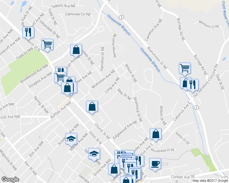 map of restaurants, bars, coffee shops, grocery stores, and more near 141 Meadow Avenue Northeast in Concord